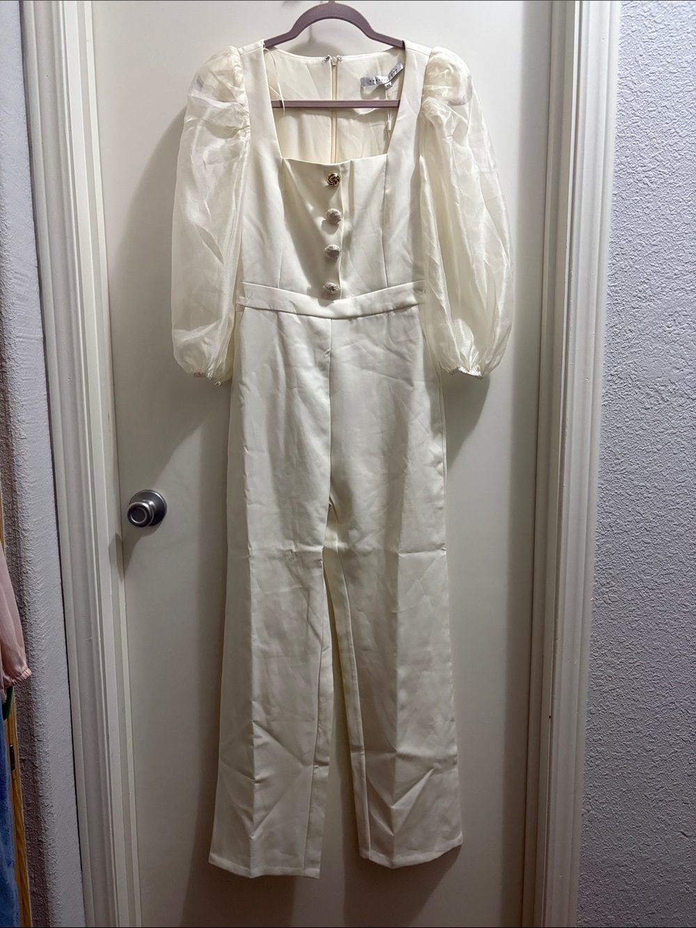 Endless Rose Cream Puff-Sleeve Jumpsuit with Decorative Buttons
